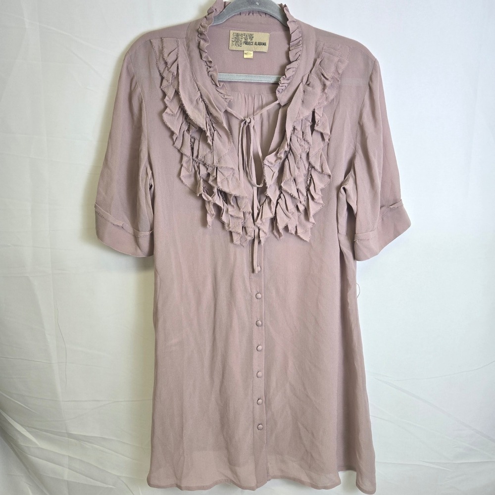 Project Alabama Diaphanous Tunic, Romantic Silk Chiffon Ruffle, Pink, Size 12